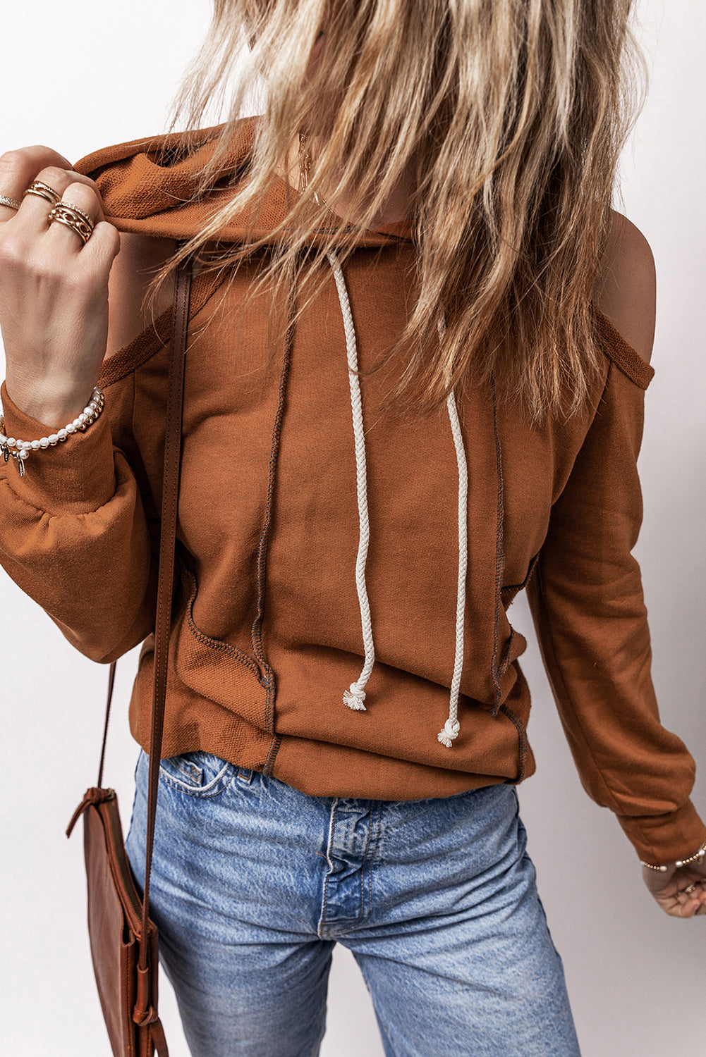 Cinnamon Exposed Seam Cold Shoulder Drawstring Hoodie Sweatshirts & Hoodies JT's Designer Fashion