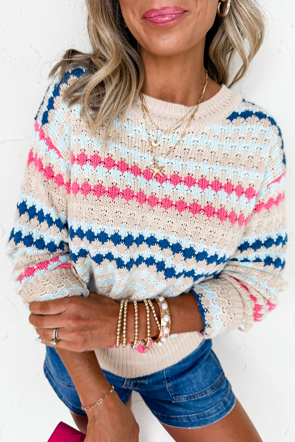 Khaki Stripe Eyelet Patterned Drop Shoulder Sweater Khaki Stripe 60%Cotton+40%Acrylic Sweaters JT's Designer Fashion