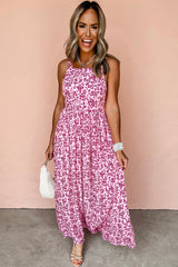 Pink Floral Cutout Back Empire Waist Sleeveless Long Dress Maxi Dresses JT's Designer Fashion