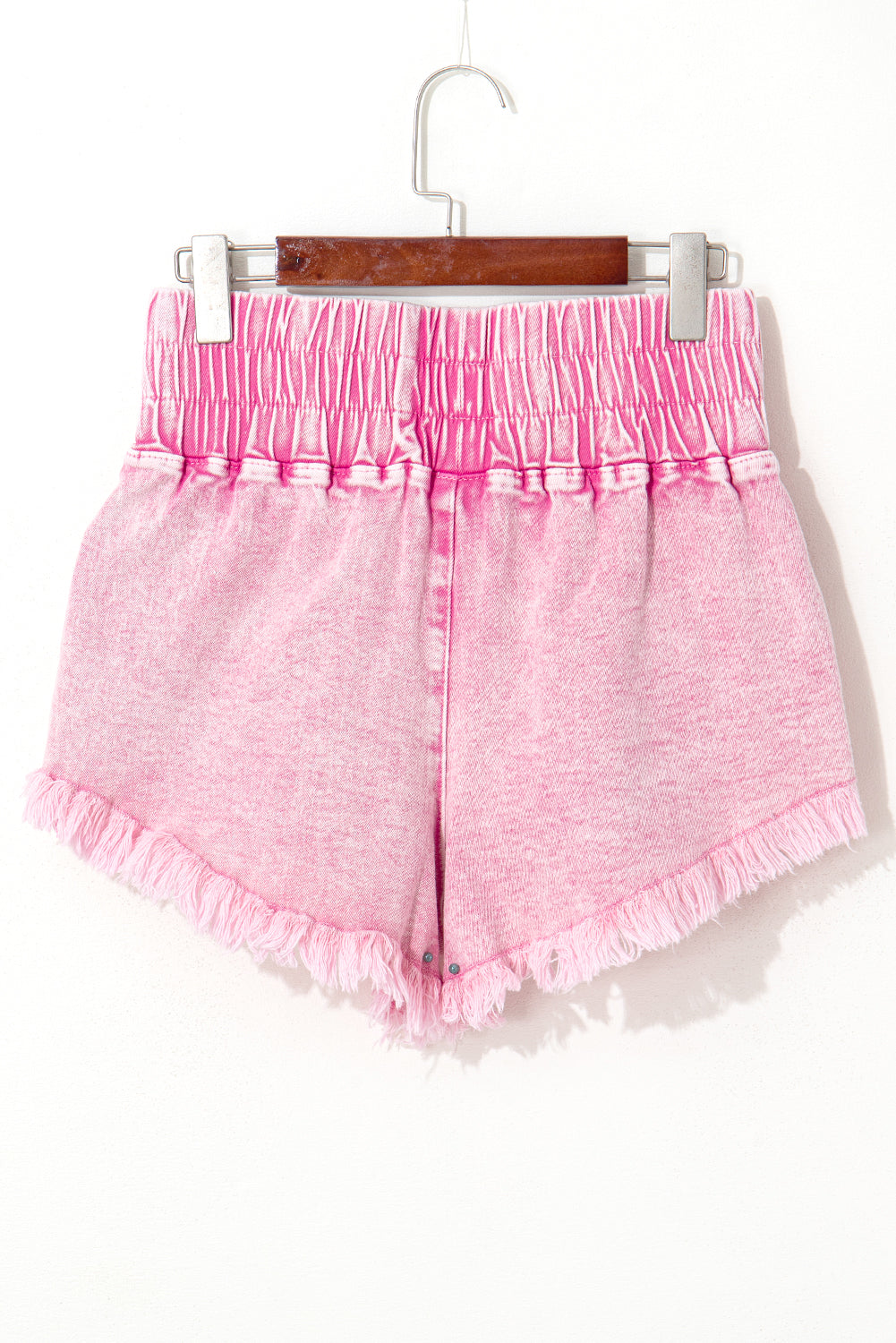 Pink Washed Wide Smocked Waistband Frayed Denim Shorts Denim Shorts JT's Designer Fashion