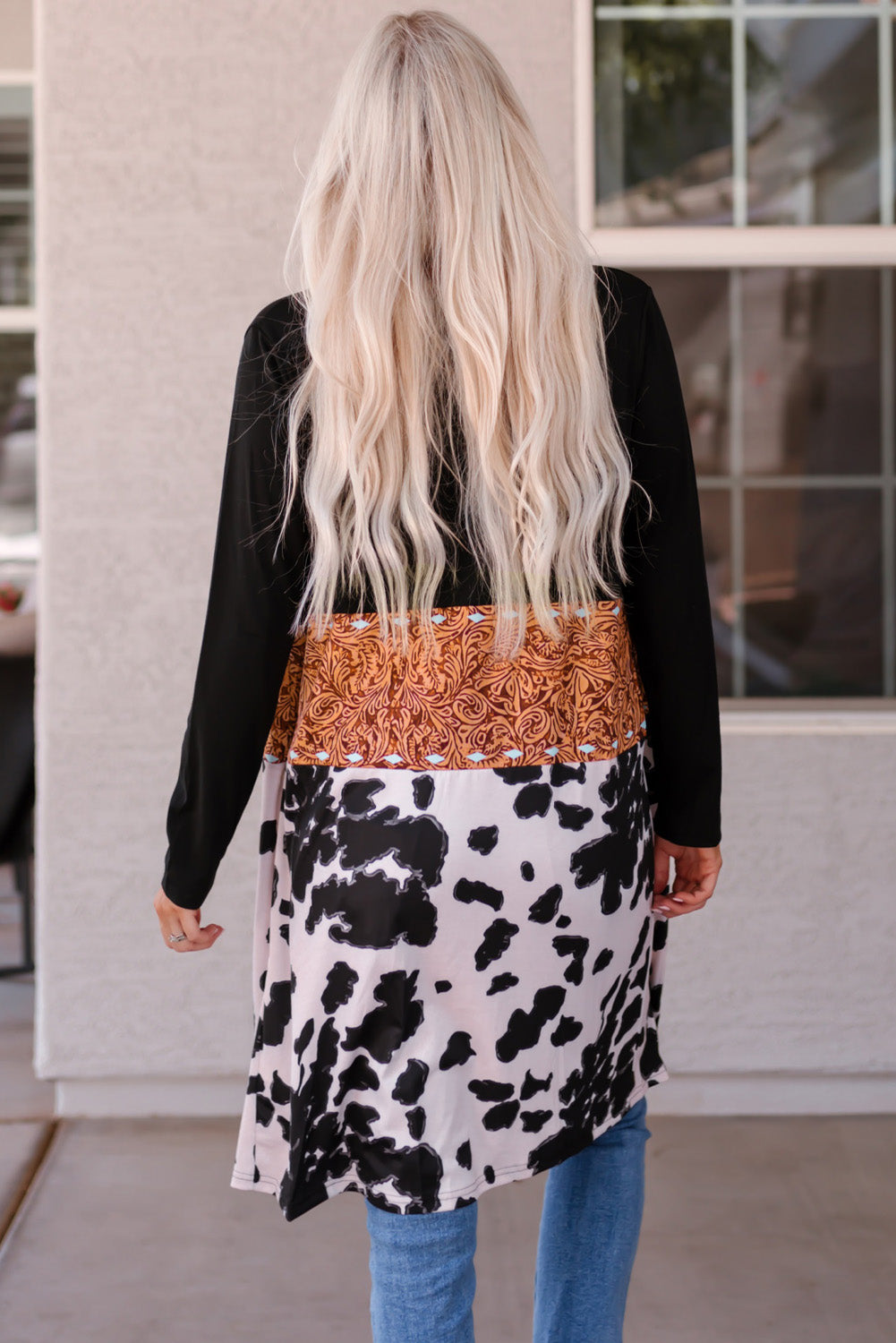 Black Western Pattern Cow Patchwork Open Front Cardigan Sweaters & Cardigans JT's Designer Fashion