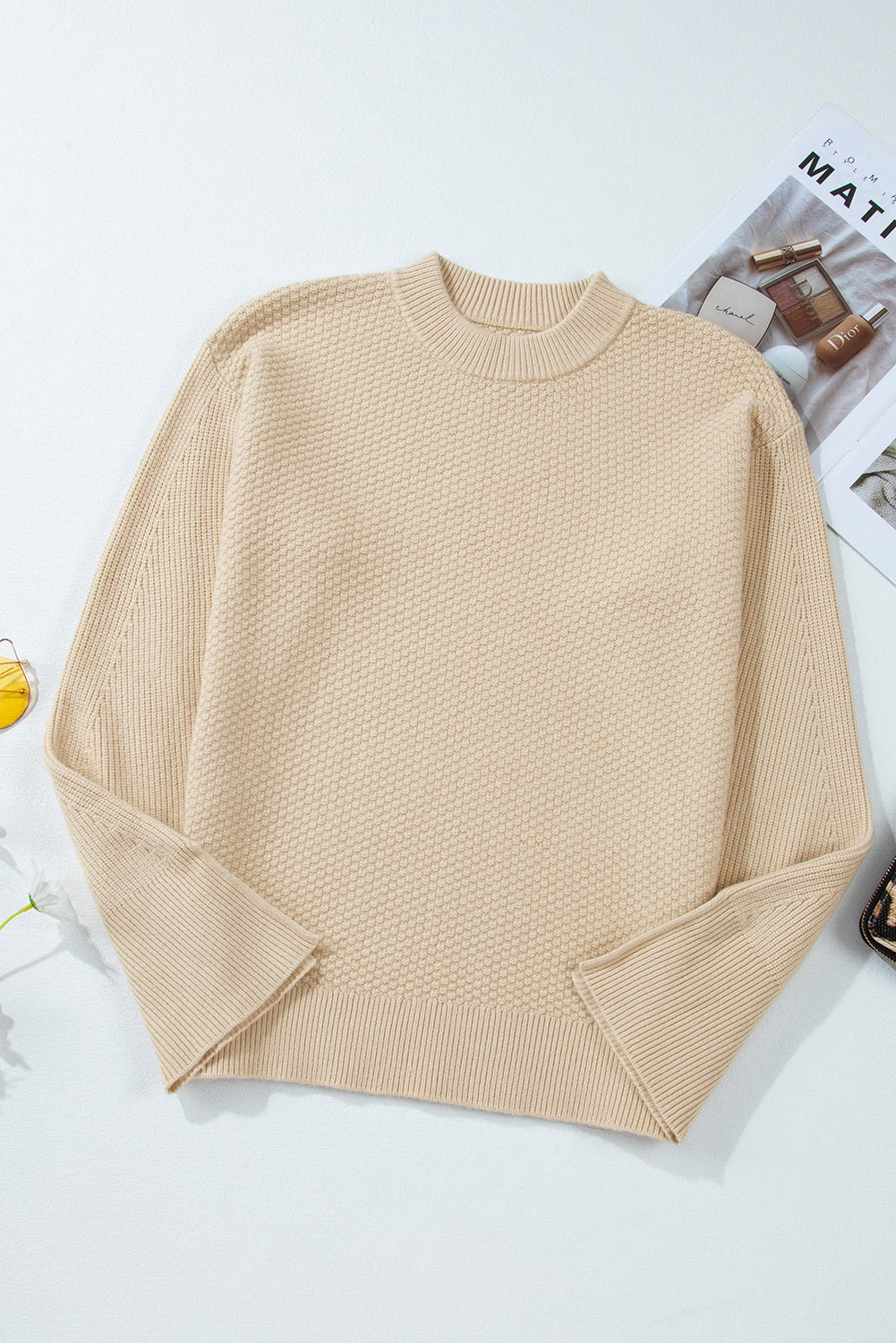 Parchment Solid Textured Knit Split Cuff Drop Shoulder Loose Sweater Sweaters JT's Designer Fashion