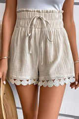 Apricot Textured Frilled Knotted High Waist Lace Hem Shorts Apricot 100%Cotton Casual Shorts JT's Designer Fashion