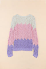 Pink Color Block Hollow Knitted Loose Sweater Sweaters JT's Designer Fashion