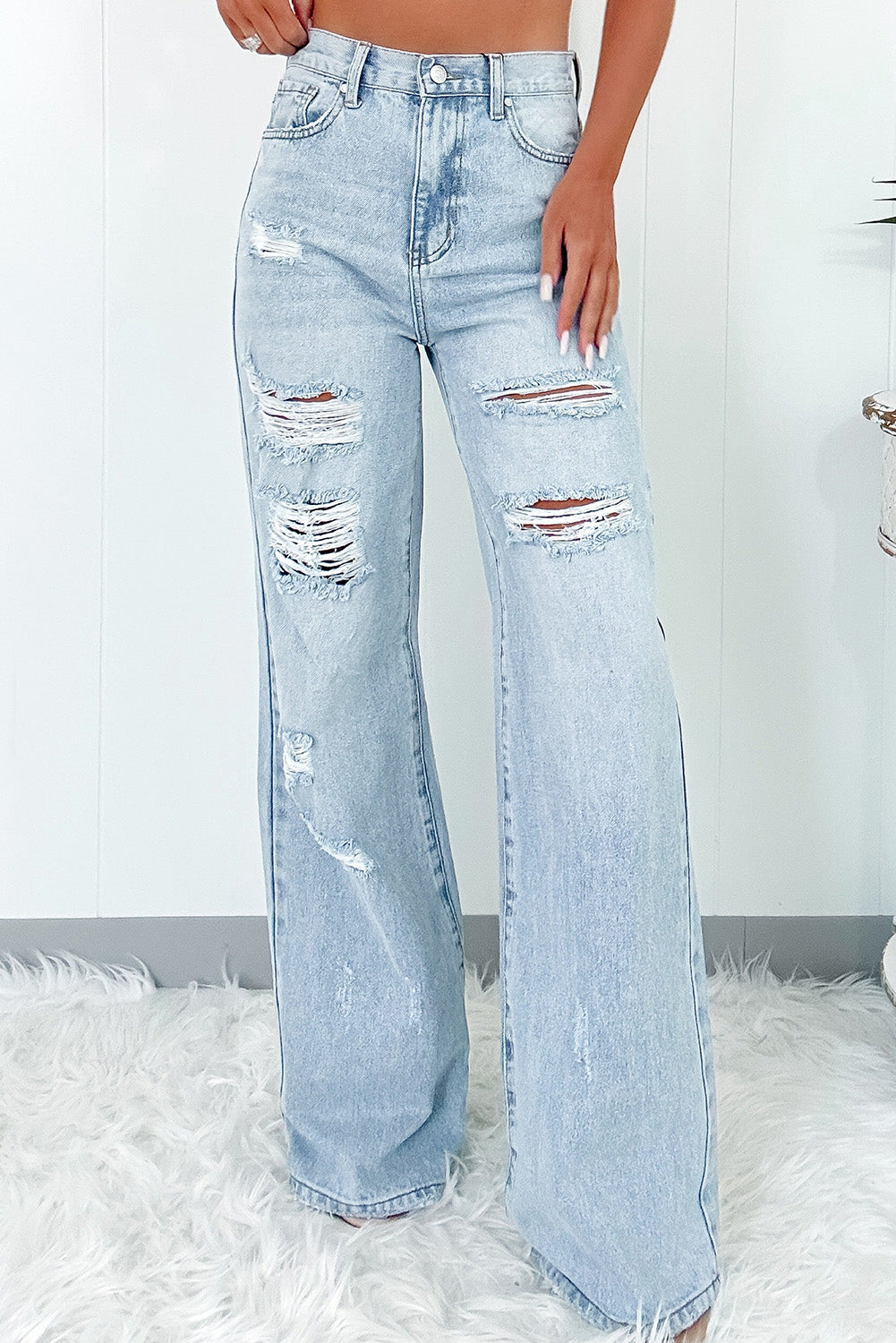 Beau Blue Light Wash Distressed High Waist Wide Leg Jeans Beau Blue 93%Cotton+5%polyester+2%Elastane Jeans JT's Designer Fashion