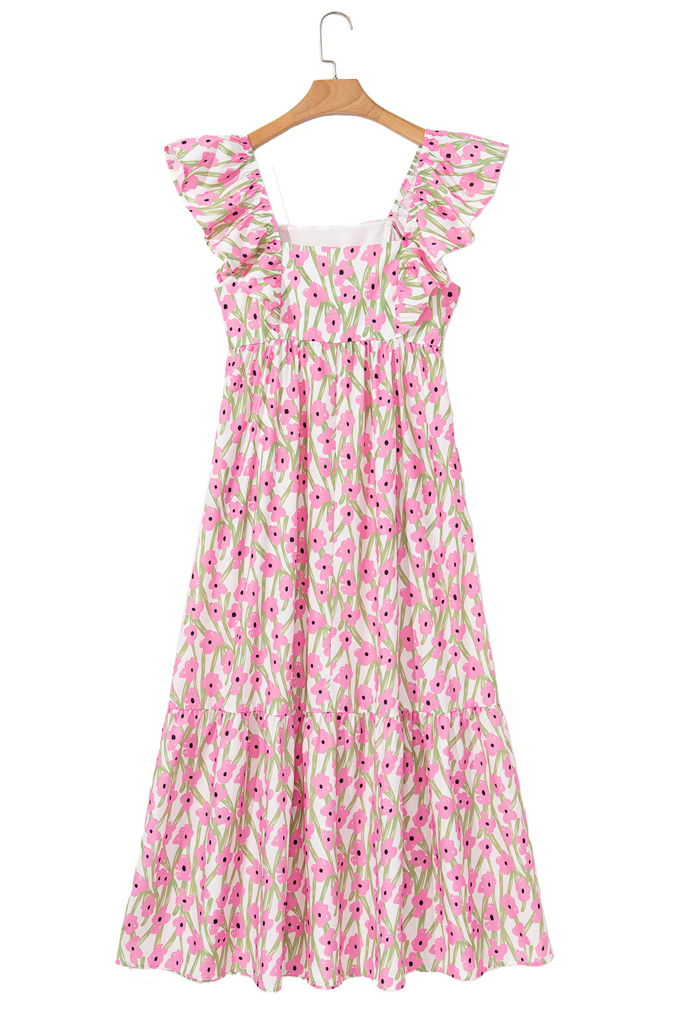 Pink Floral Print Square Neck Ruffled Strap Maxi Dress Floral Dresses JT's Designer Fashion