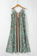 Green Floral Print V Neck Ruffled Trim Backless Tassel Waist Maxi Dress Floral Dresses JT's Designer Fashion