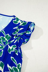 Blue V Neck Floral Print Double Ruffled Short Sleeve Blouse Blouses & Shirts JT's Designer Fashion