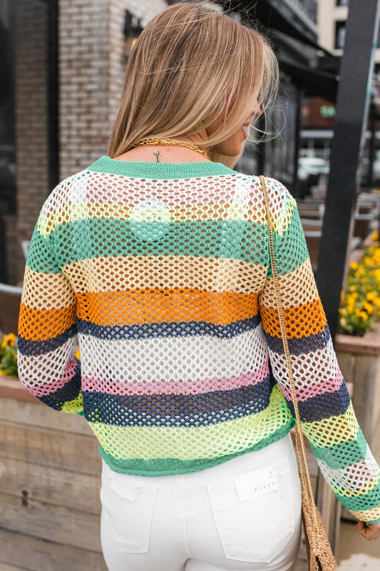 Green Colorblock Patchwork Knit Crochet Eyelet Sweater Sweaters JT's Designer Fashion
