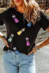 Black Sequined Bow Guitar Country Music Festival Casual Tee Graphic Tees JT's Designer Fashion