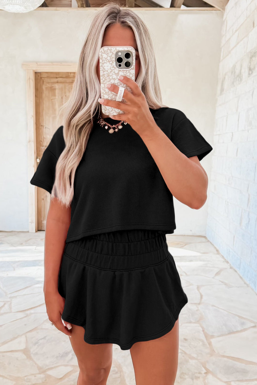 Black 2pcs Cropped Tee and Ruffle High Waist Skort Set Short Sets JT's Designer Fashion