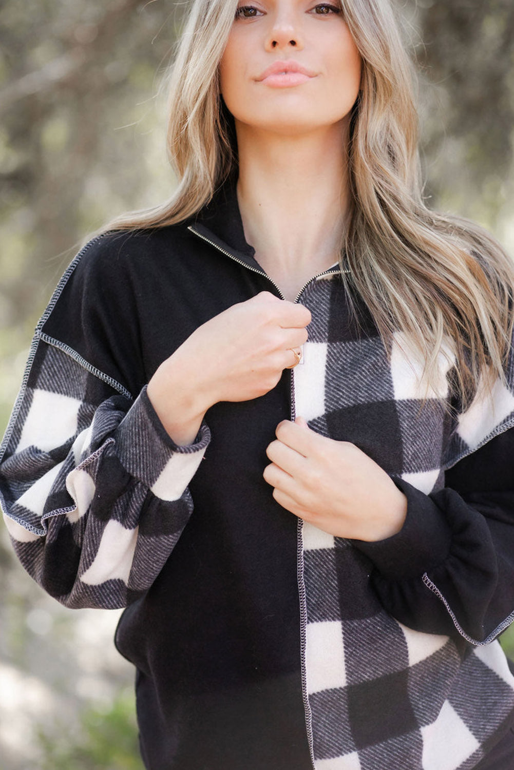 Black Checkboard Patchwork Exposed Stitching Collared Top Long Sleeve Tops JT's Designer Fashion