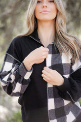 Black Checkboard Patchwork Exposed Stitching Collared Top Long Sleeve Tops JT's Designer Fashion