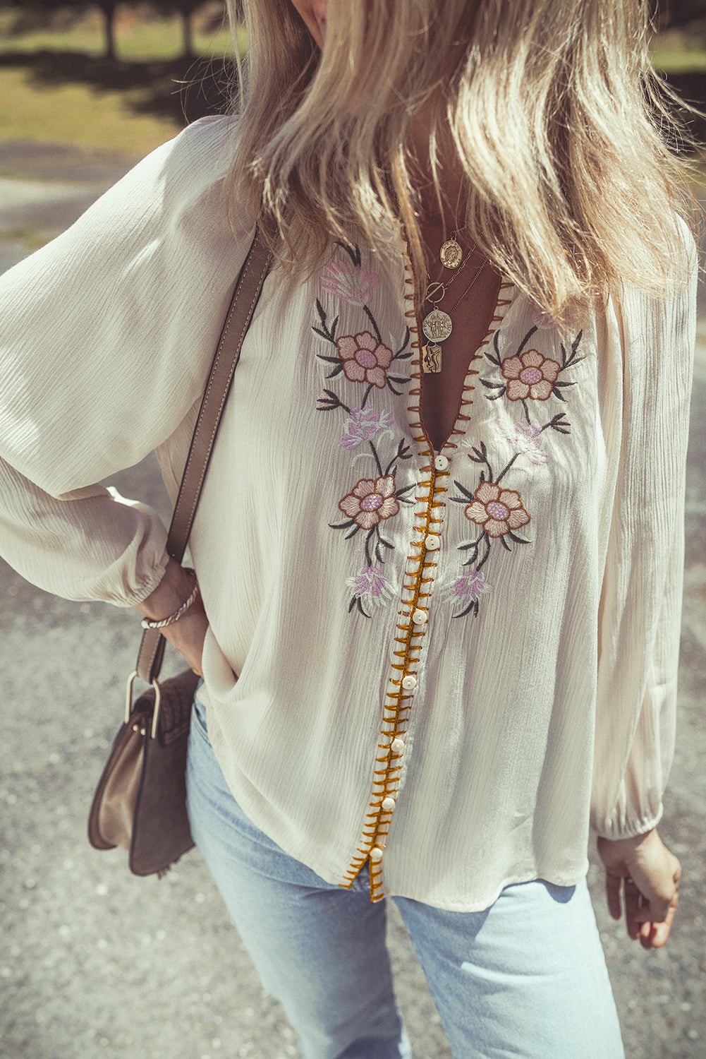 Beige Floral Embroidered Textured Puff Sleeve Loose Shirt Beige 100%Viscose Blouses & Shirts JT's Designer Fashion