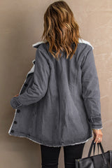 Gray Lapel Collar Button Fleece Jacket Jackets JT's Designer Fashion