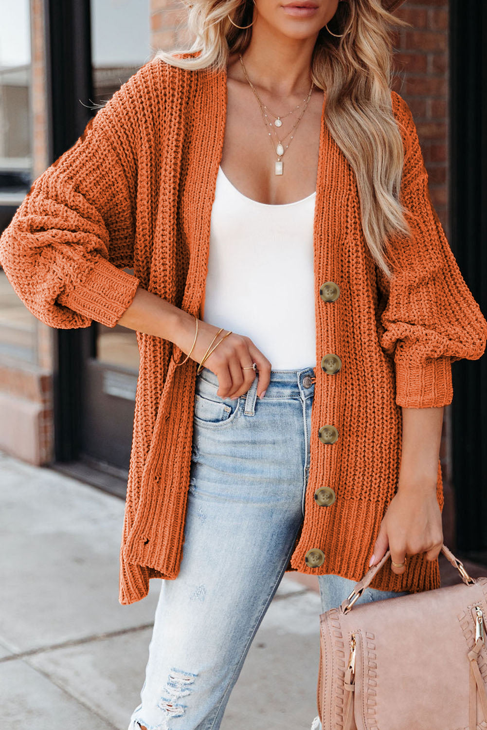 Gold Flame Button Front V Neck Chunky Cardigan Sweater Gold Flame 65%Acrylic+35%Polyamide Cardigans JT's Designer Fashion