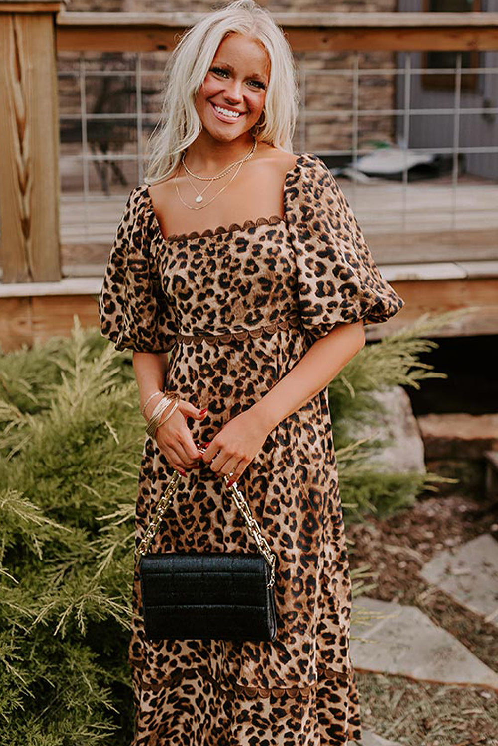 Brown Leopard Print Bubble Sleeve Square Neck Long Dress Maxi Dresses JT's Designer Fashion