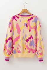 Khaki Abstract Print Colorblock Balloon Sleeve Sweater Sweaters JT's Designer Fashion