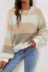 Brown Colorblock Textured Knit Bubble Sleeve Sweater Brown 60%Cotton+40%Acrylic Sweaters JT's Designer Fashion