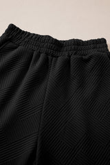Black Solid Textured Collared V Neck Top and Wide Leg Pants Set Pant Sets JT's Designer Fashion