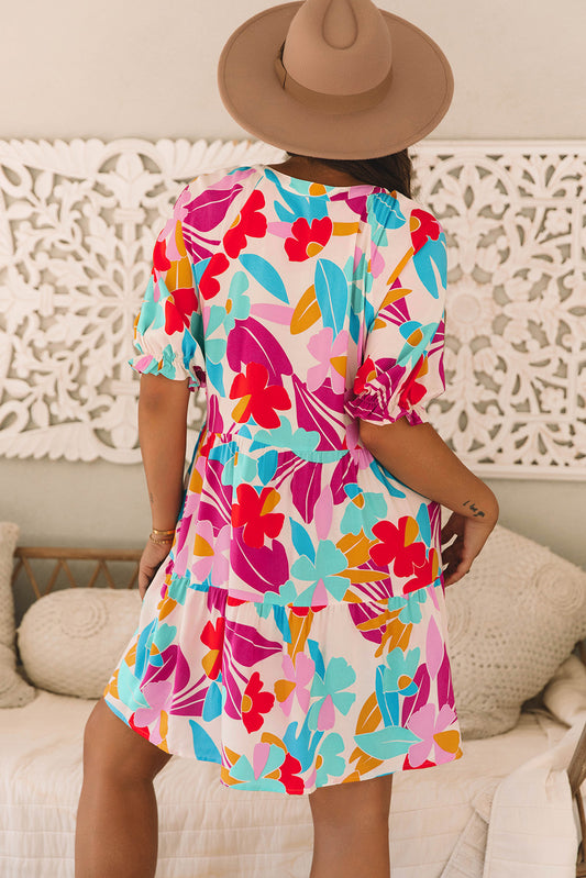 Rose Red Floral Bubble Sleeve V Neck Tiered Ruffle Babydoll Dress Floral Dresses JT's Designer Fashion