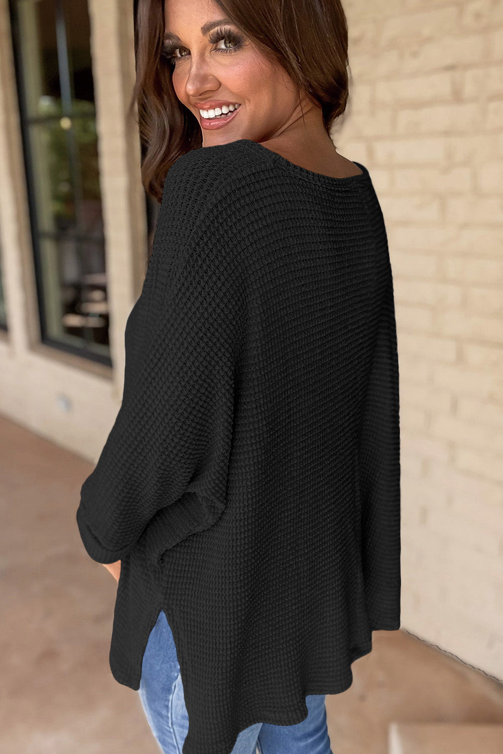 Black Waffle Knit Side Slits Loose Fit V Neck Top Long Sleeve Tops JT's Designer Fashion