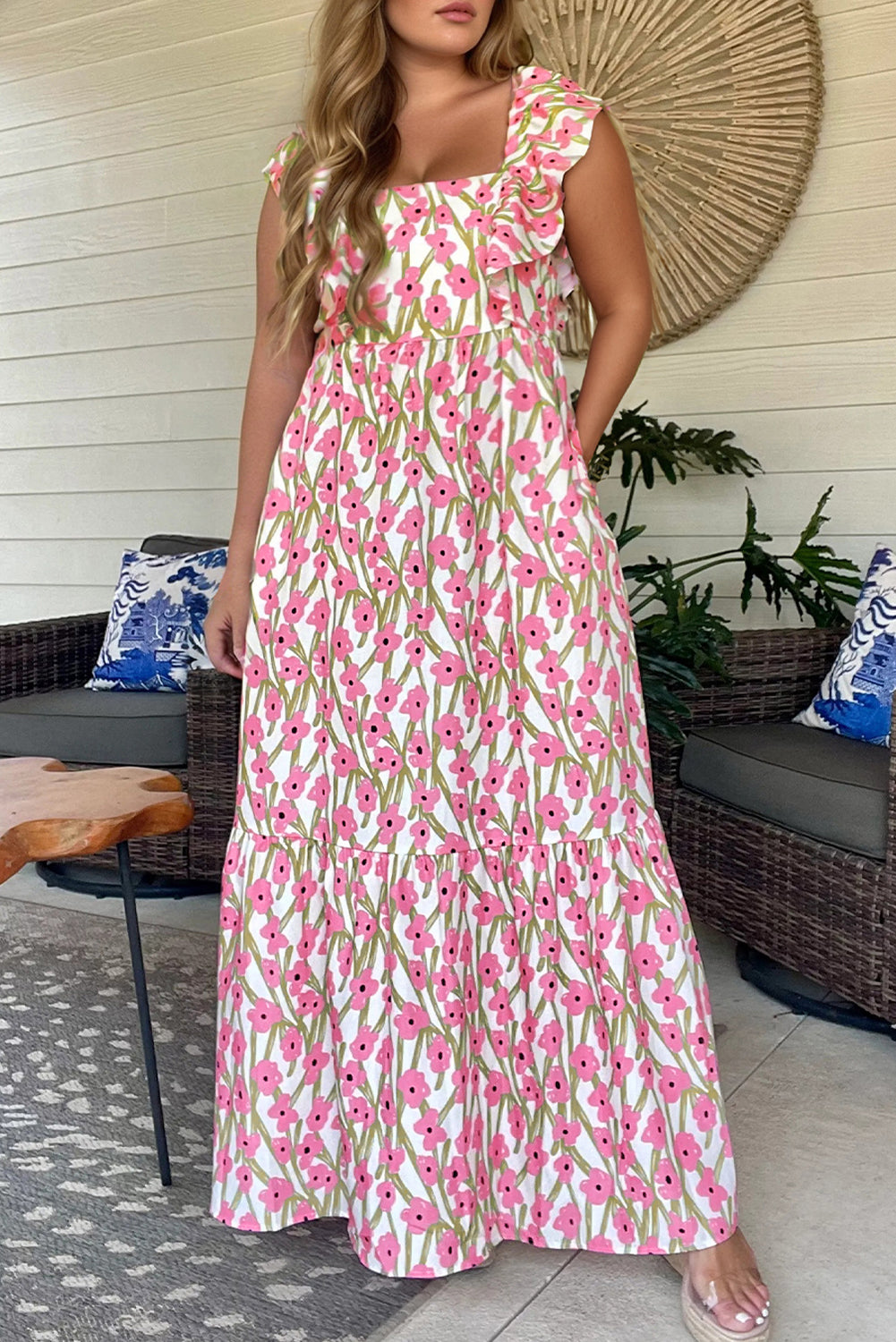 Pink Plus Size Ruffle Trim Square Neck High Waist Floral Maxi Dress Pink 100%Polyester Plus Size Maxi Dresses JT's Designer Fashion