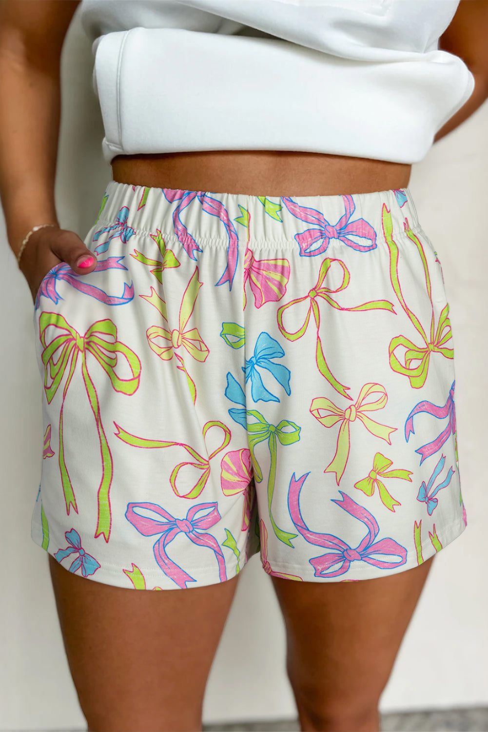White Cheerful Bow Print Elastic Pull On Casual Shorts White 95%Polyester+5%Elastane Casual Shorts JT's Designer Fashion