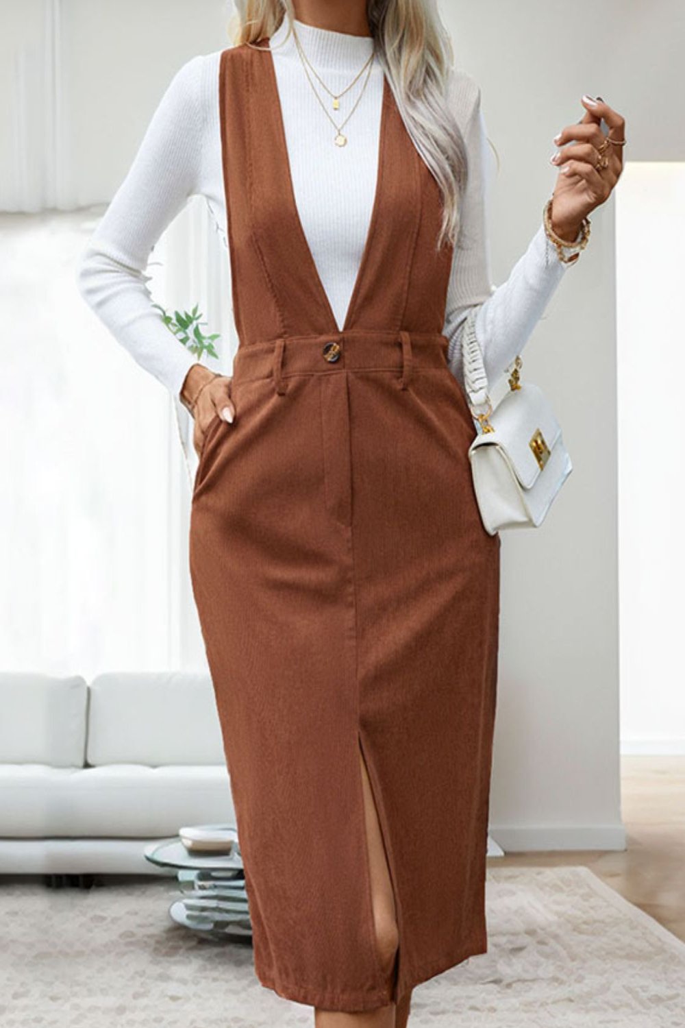 Perfee Slit Overall Dress with Pockets Brown Midi Dresses JT's Designer Fashion