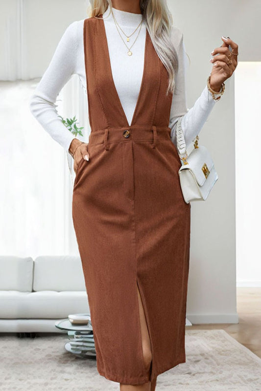 Perfee Slit Overall Dress with Pockets Brown Midi Dresses JT's Designer Fashion