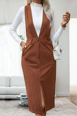 Perfee Slit Overall Dress with Pockets Brown Midi Dresses JT's Designer Fashion