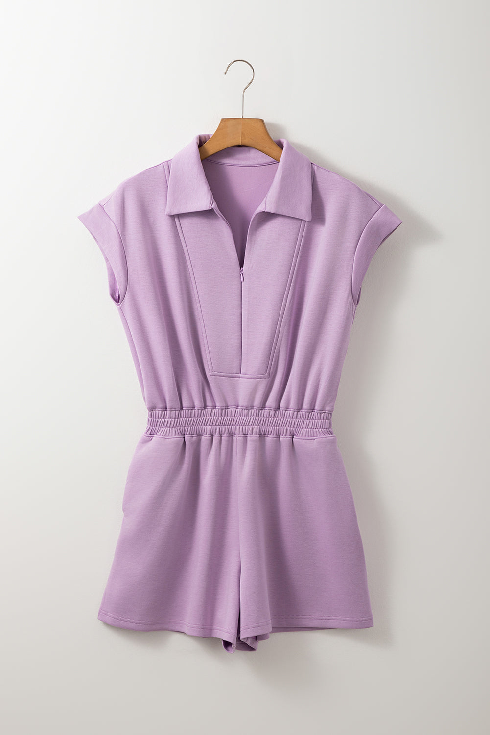 Orchid Bouquet Short Sleeve Zipper Collared Elastic High Waist Romper Jumpsuits & Rompers JT's Designer Fashion