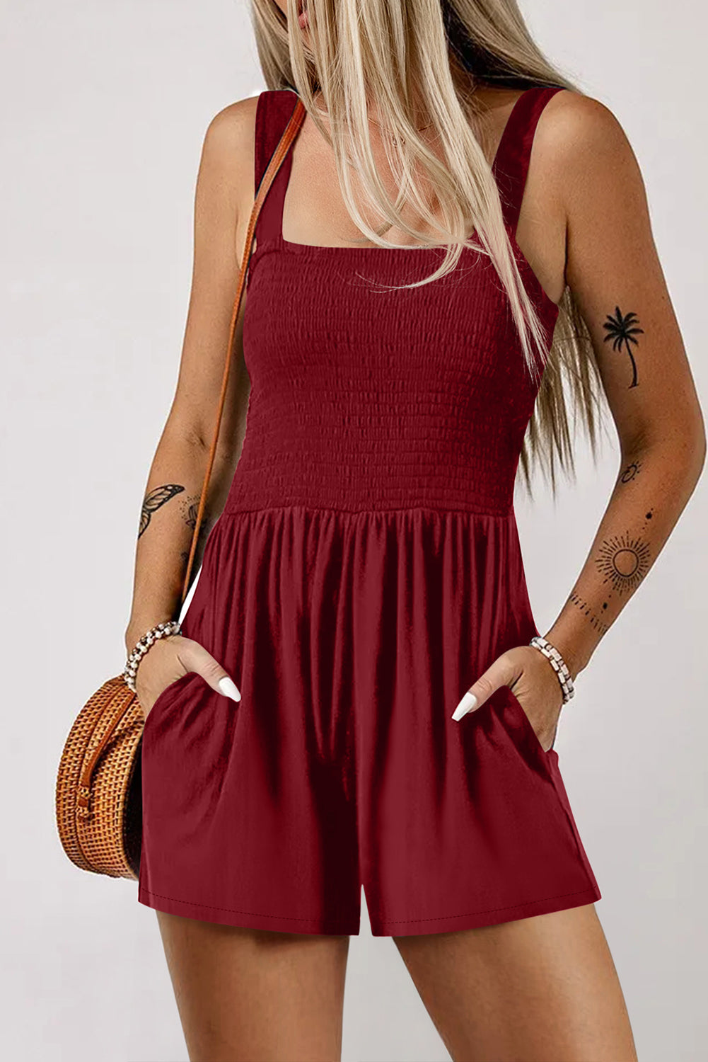 Burgundy Casual Pocketed Smocked Sleeveless Romper Jumpsuits & Rompers JT's Designer Fashion
