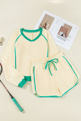White Contrast Trim Colorblock Long Sleeve Pullover and Drawstring Shorts 2pcs Outfit Short Sets JT's Designer Fashion