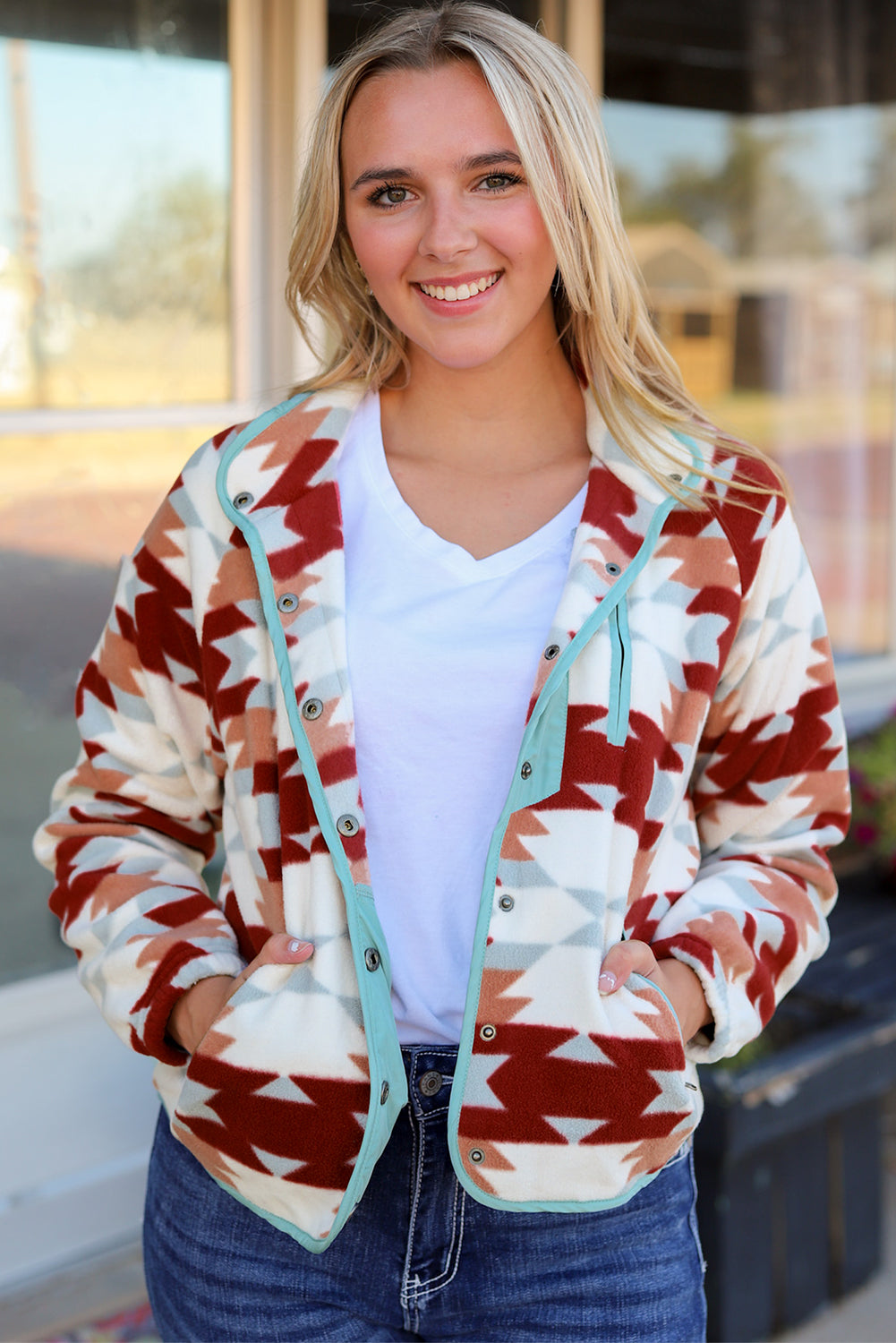 Fiery Red Western Aztec Buttoned Zipper Pockets Fleece Jacket Red 100%Polyester Jackets JT's Designer Fashion