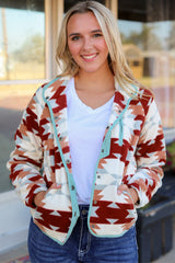 Fiery Red Western Aztec Buttoned Zipper Pockets Fleece Jacket Red 100%Polyester Jackets JT's Designer Fashion