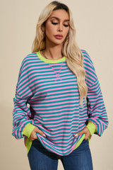 Green Stripe Oversized Contrast Trim Pullover Sweatshirt Sweatshirts & Hoodies JT's Designer Fashion