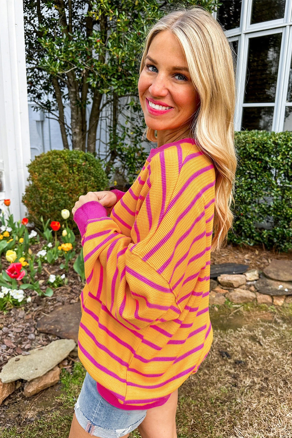 Orange Stripe Trimmed Round Neck Drop Shoulder Loose Sweater Sweaters JT's Designer Fashion
