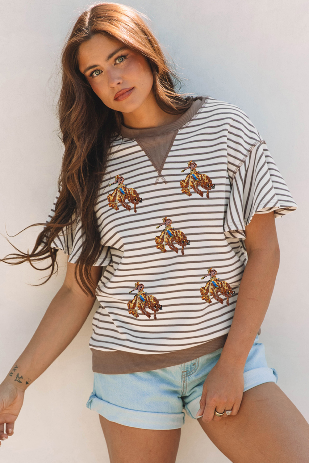 Parchment Sequin Rodeo Patch Pattern Striped Ruffled Sleeve Summer Top Graphic Tees JT's Designer Fashion