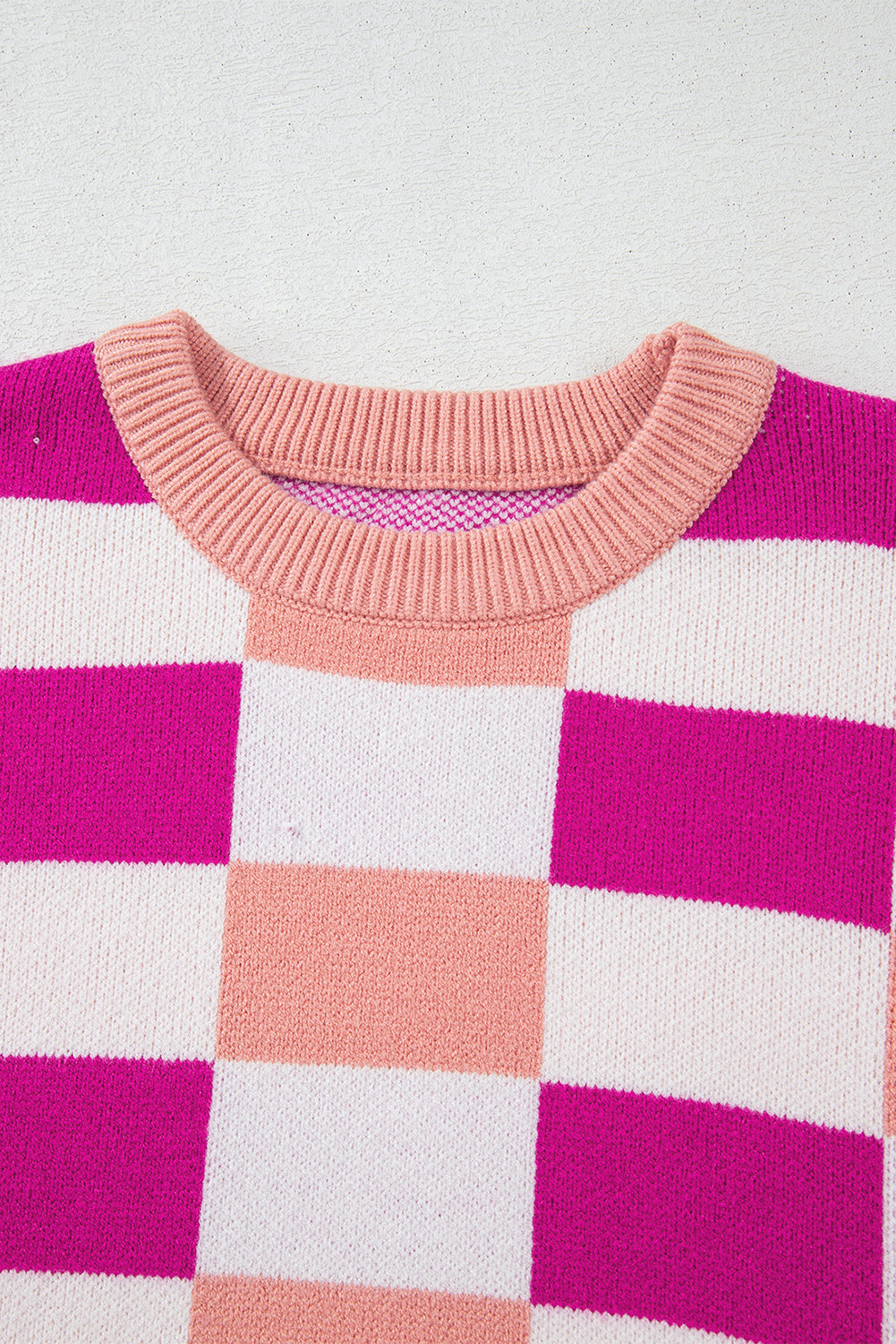 Pink Checkered Ribbed Edge O Neck Drop Shoulder Sweater Sweaters JT's Designer Fashion
