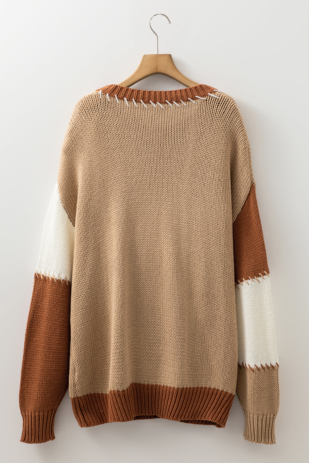 Light French Beige Contrast Stitch Detail Color Block Knitted Plus Size Sweater Plus Size Sweaters & Cardigans JT's Designer Fashion