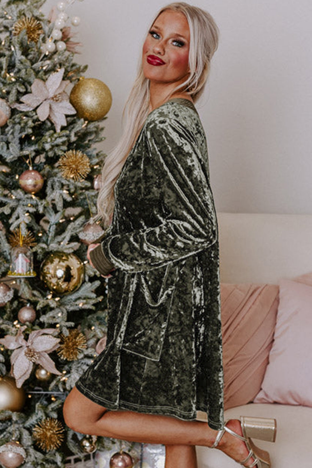 Jungle Green Velvet Long Sleeve V Neck Loose Dress with Pockets Mini Dresses JT's Designer Fashion