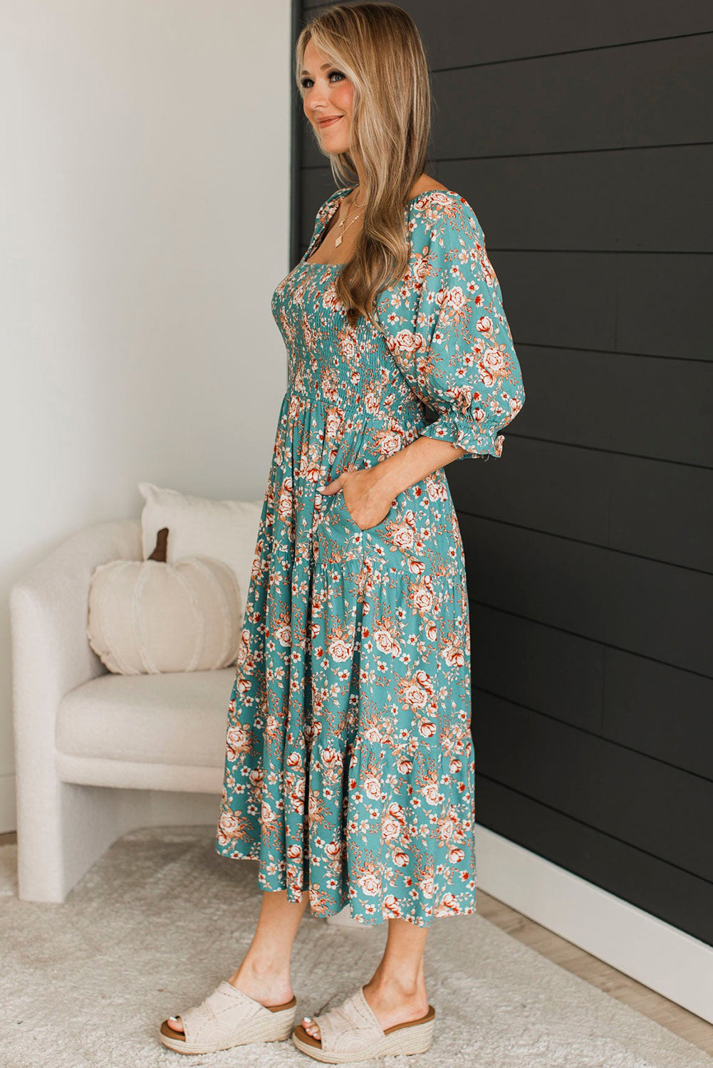 Green Plus Size Floral Print Square Neck Smocked Maxi Dress Plus Size Maxi Dresses JT's Designer Fashion