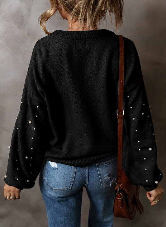 Black Pearled Drop Shoulder Round Neck Sweater Sweaters JT's Designer Fashion