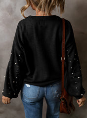 Black Pearled Drop Shoulder Round Neck Sweater Sweaters JT's Designer Fashion