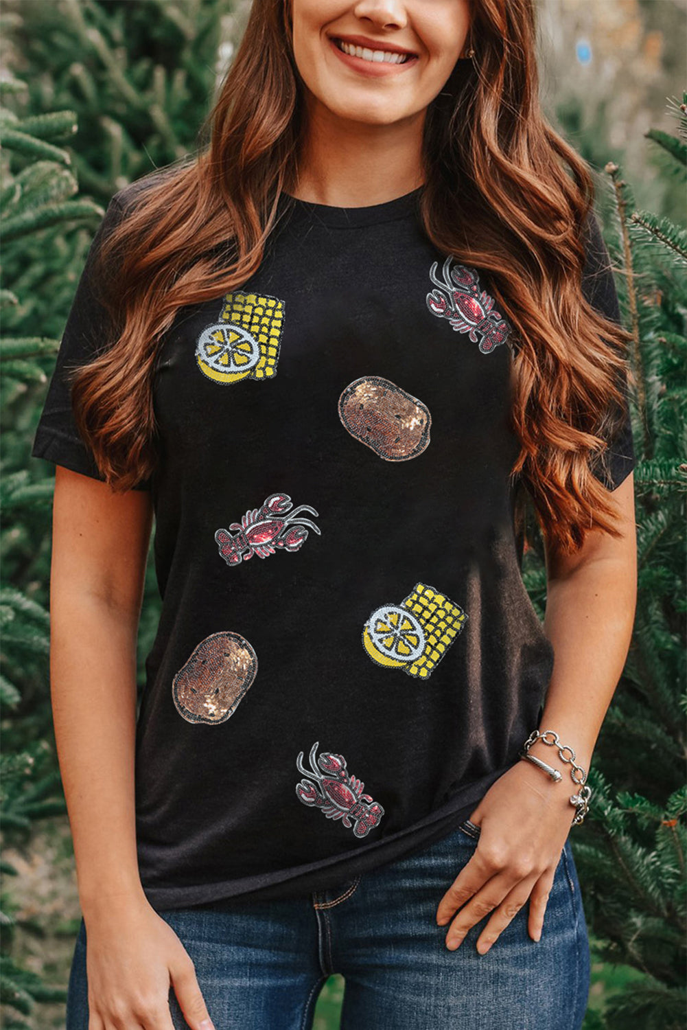 Black Sequin Crawfish Potato Lemon Corn Graphic Crewneck T Shirt Graphic Tees JT's Designer Fashion