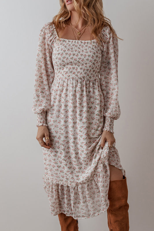 White Floral Print Shirred Ruffled Hem Square Neck Midi Dress White 100%Polyester Floral Dresses JT's Designer Fashion
