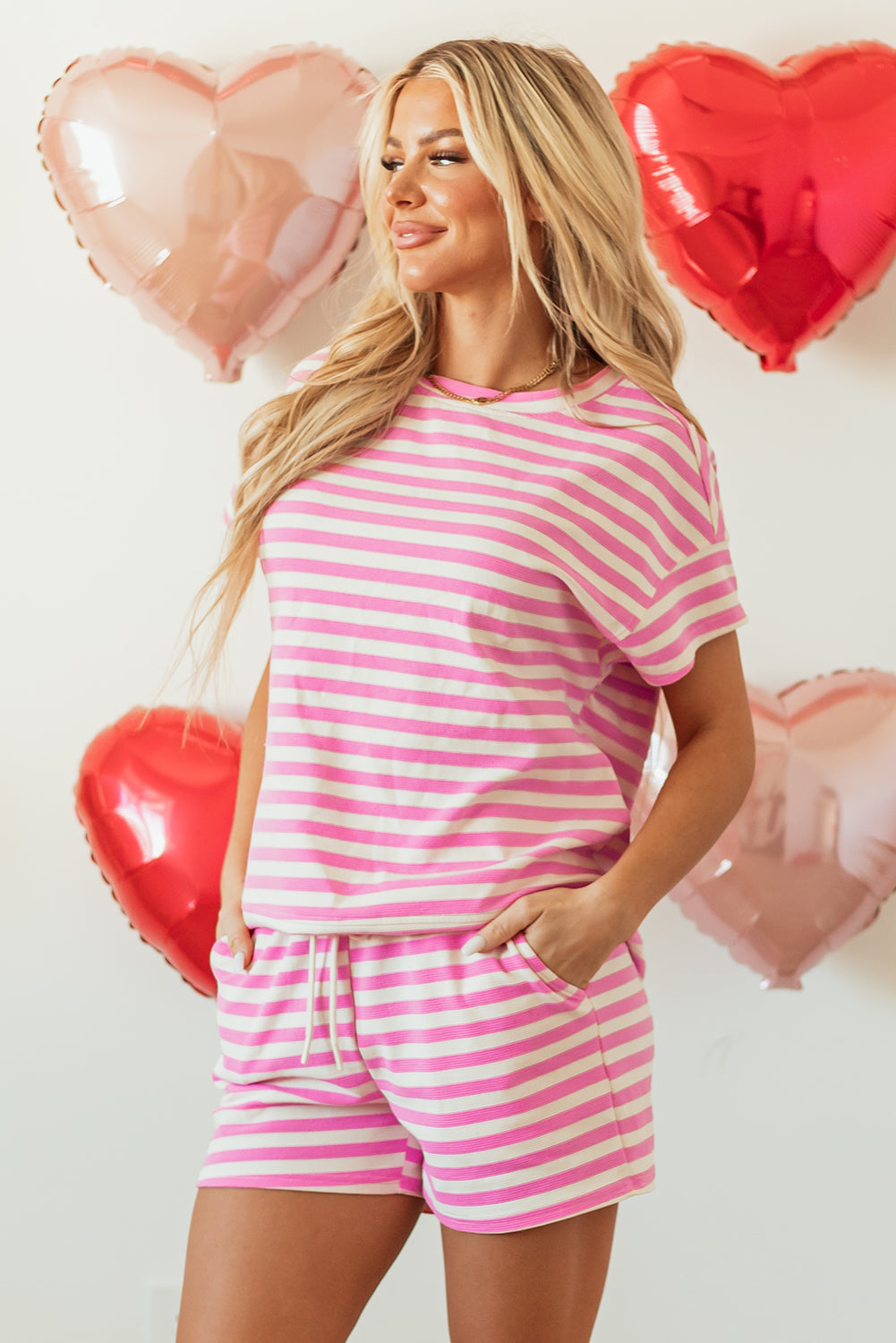 Rose Stripe Crew Neck T Shirt and Drawstring Shorts Set Short Sets JT's Designer Fashion