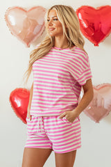 Rose Stripe Crew Neck T Shirt and Drawstring Shorts Set Short Sets JT's Designer Fashion