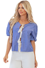 Blue Stripe Tied Front Puff Short Sleeve Blouse Blouses & Shirts JT's Designer Fashion